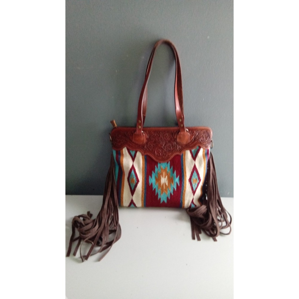 Southwestern Style‎ Woven Aztec Print Leather Trim Fringe Tote Bag
